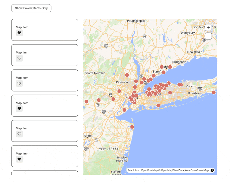 Demo of Dynamic Map's favoriting filter used on a Webflow site