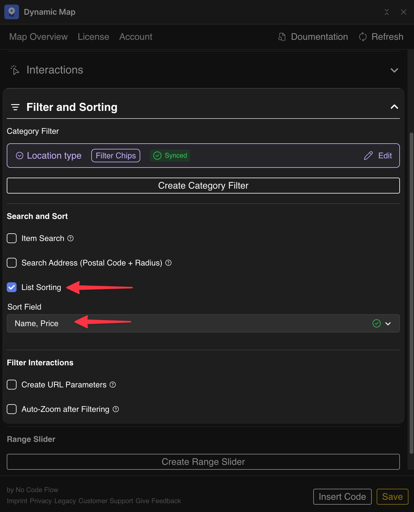 Dynamic Map App Filter and Sorting panel showing List Sorting enabled with sortable CMS fields selected.