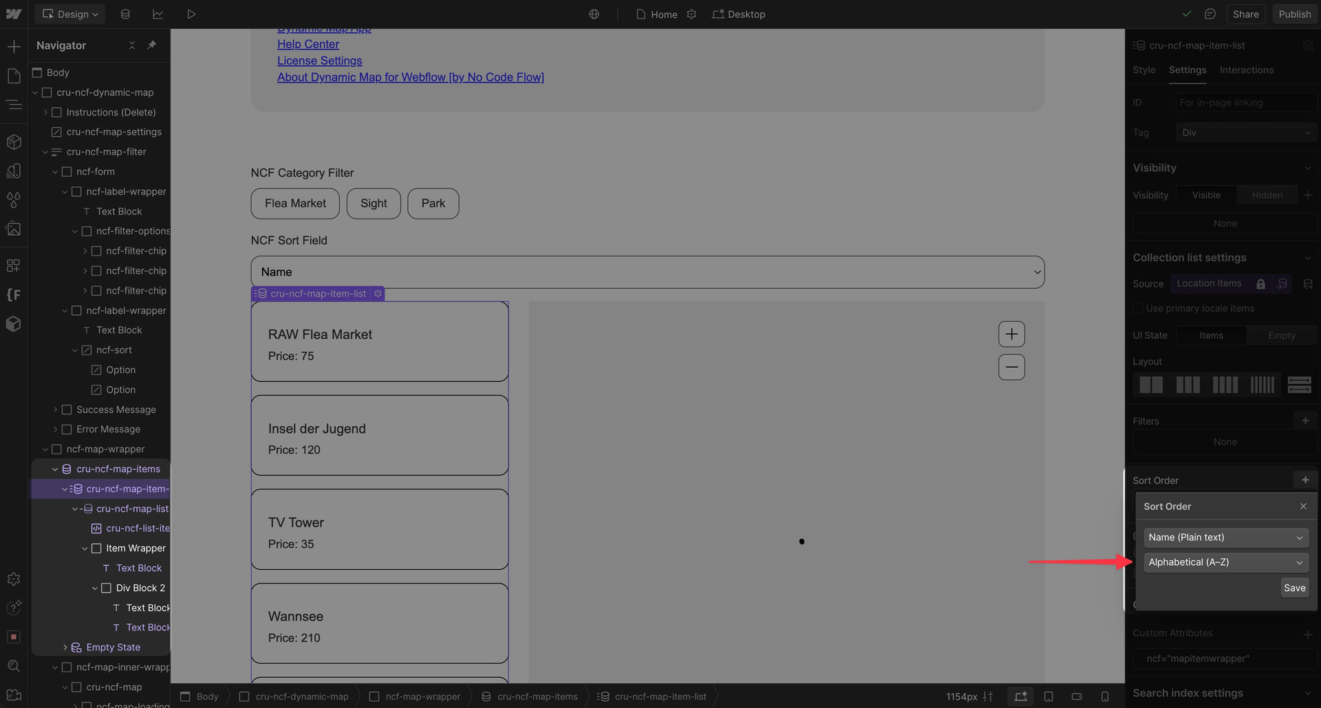Webflow Designer showing the sort order settings on the main map item collection list.