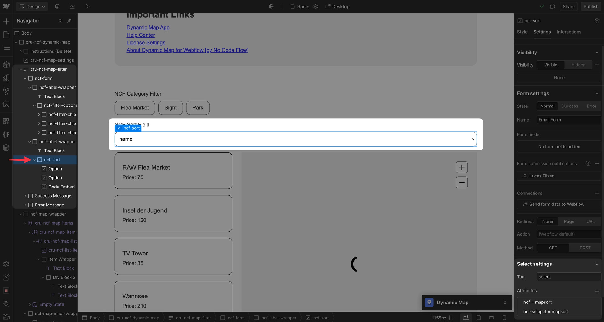 Webflow Designer showing the ncf-sort dropdown element inside the cru-ncf-map-filter div, ready to be styled.
