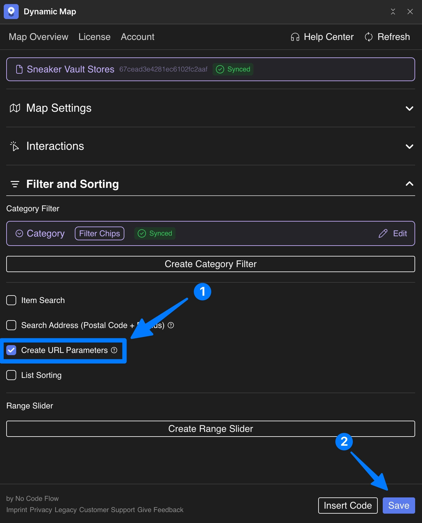 Dynamic Map App Filter and Sorting panel showing the Create URL Parameters toggle being activated.
