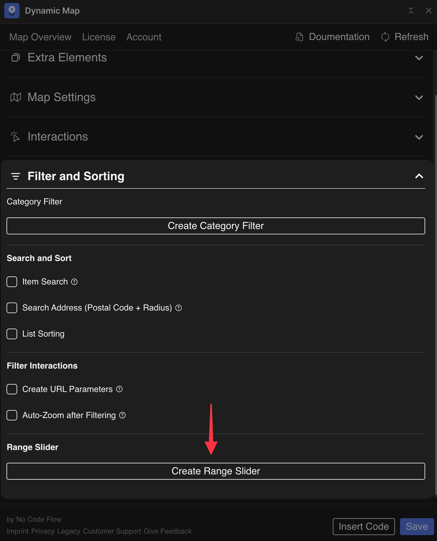 Dynamic Map App Filter and Sorting section showing the Create Range Slider button.