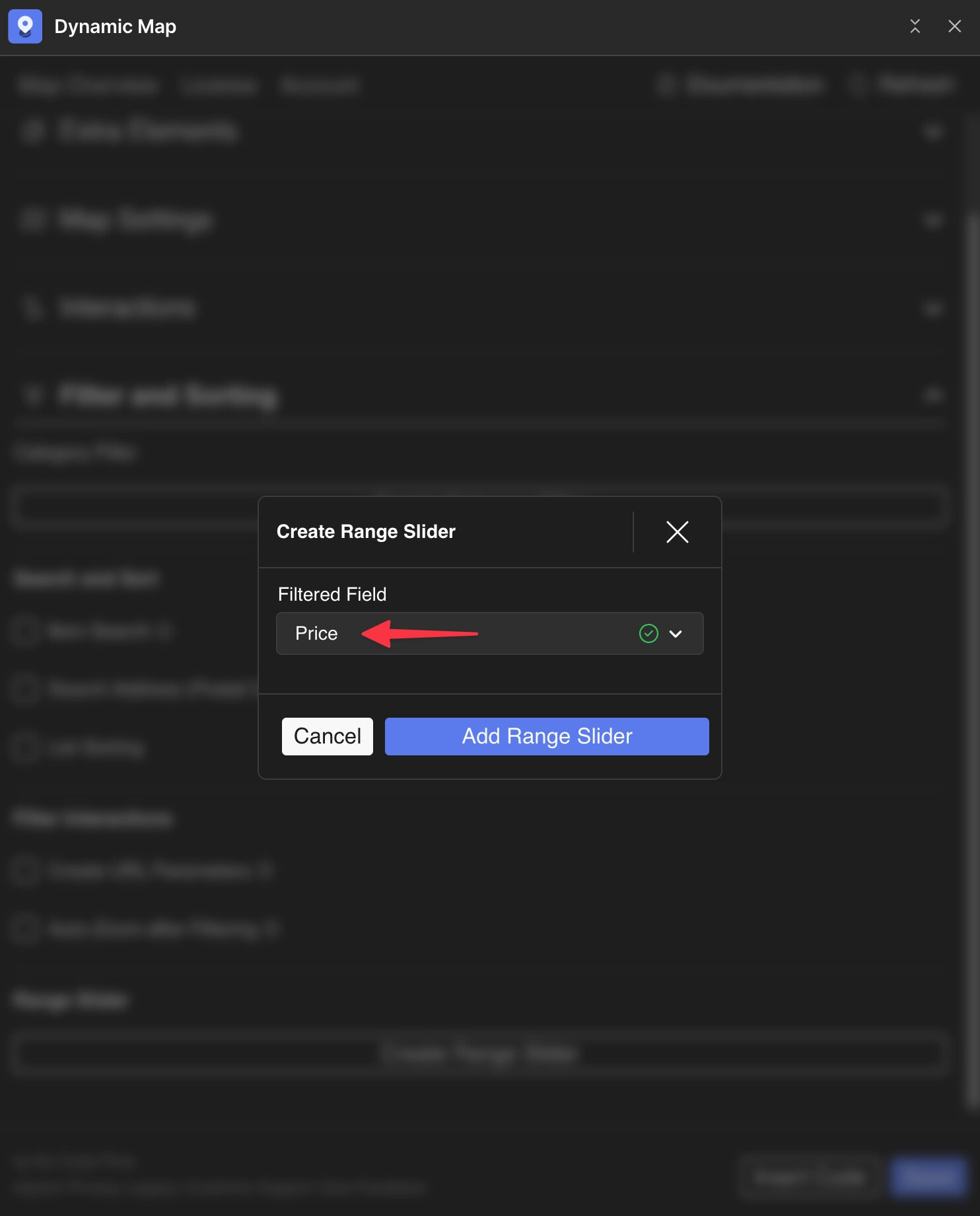 Dynamic Map App range slider configuration showing a CMS Number field selected as the filter source.