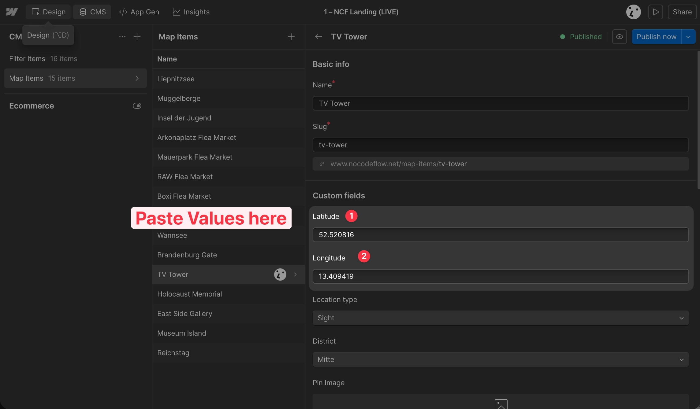 Webflow CMS collection item editor showing the Latitude and Longitude text fields filled in with the correct coordinate values.