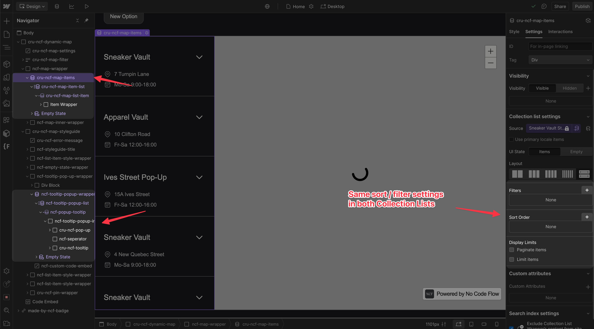 Webflow Designer showing the correct sort order applied to both the main collection list and the pop-up/tooltip collection list.