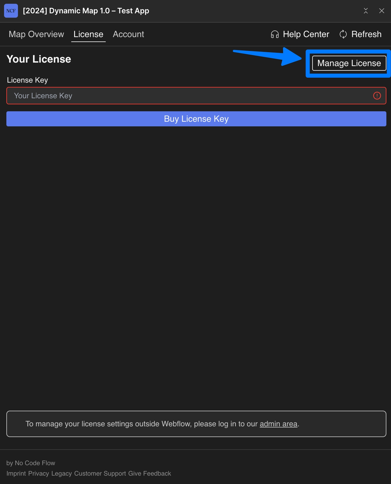 Dynamic Map App license tab showing the Manage License and Buy License Key buttons.