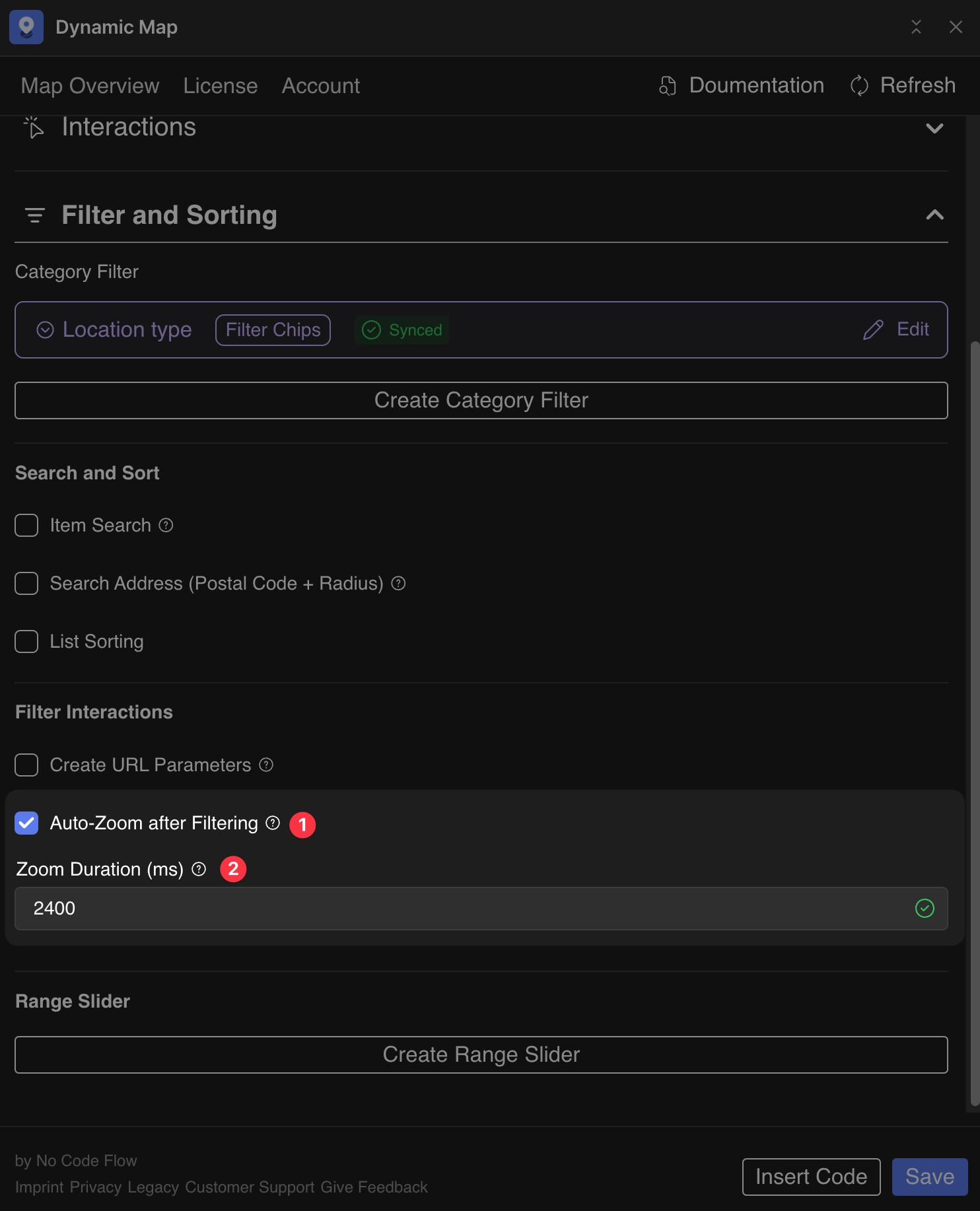 Dynamic Map App Filter and Sorting panel showing the Auto Zoom toggle enabled and the Zoom Duration field set.