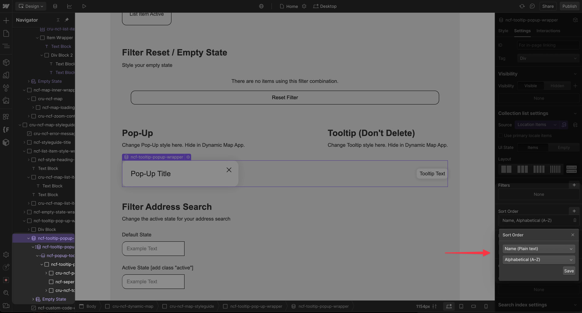 Webflow Designer showing the sort order settings on the Pop-Up and Tooltip collection list — must match the main list.