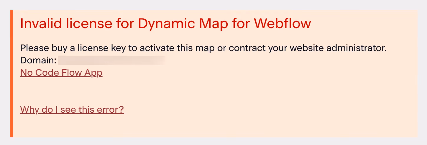 Dynamic Map license error banner displayed on a live Webflow site, indicating the license or seat settings are not properly configured.