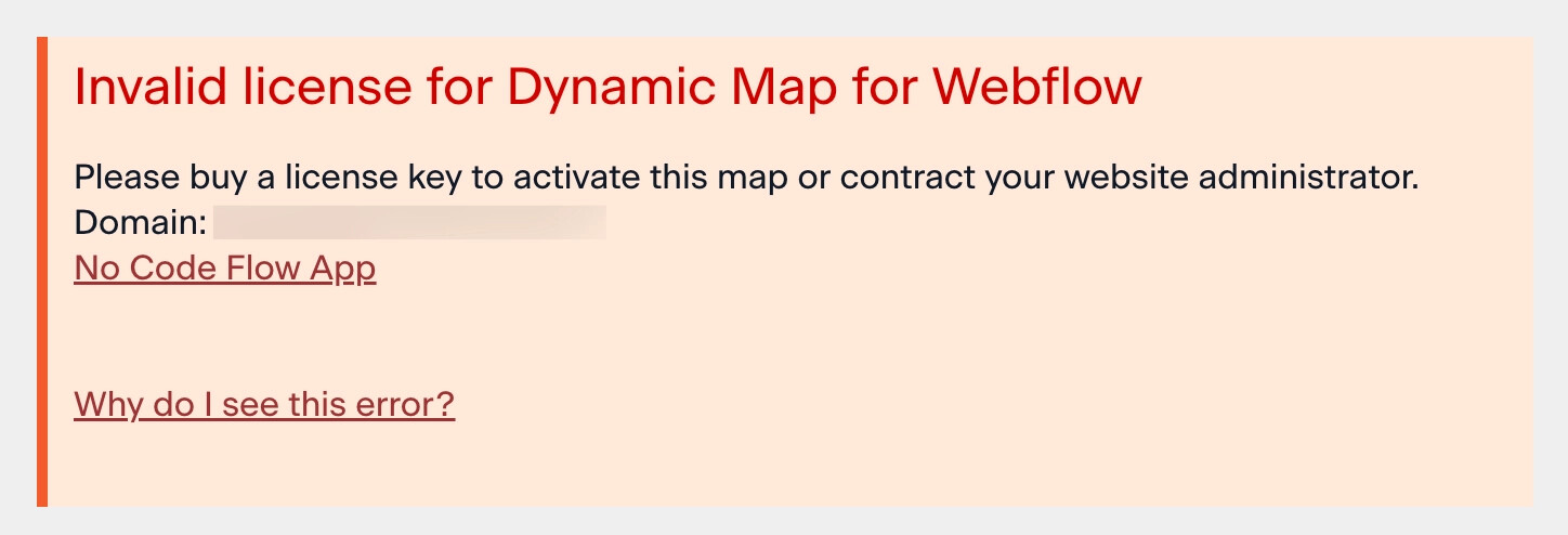 Dynamic Map license error banner displayed on a live Webflow site, indicating the license or seat settings are not properly configured.