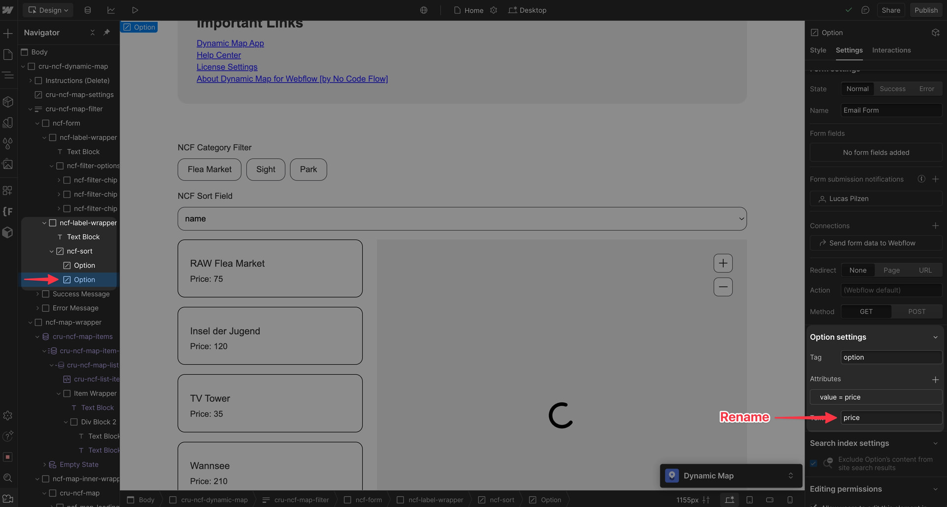 Webflow Designer showing a sort dropdown option element selected for renaming.