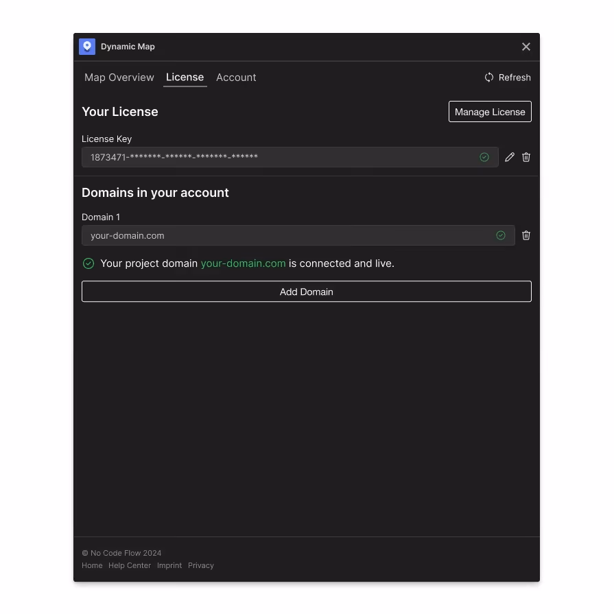 No Code Flow App license settings panel showing an unconfigured or missing license key and domain slot.