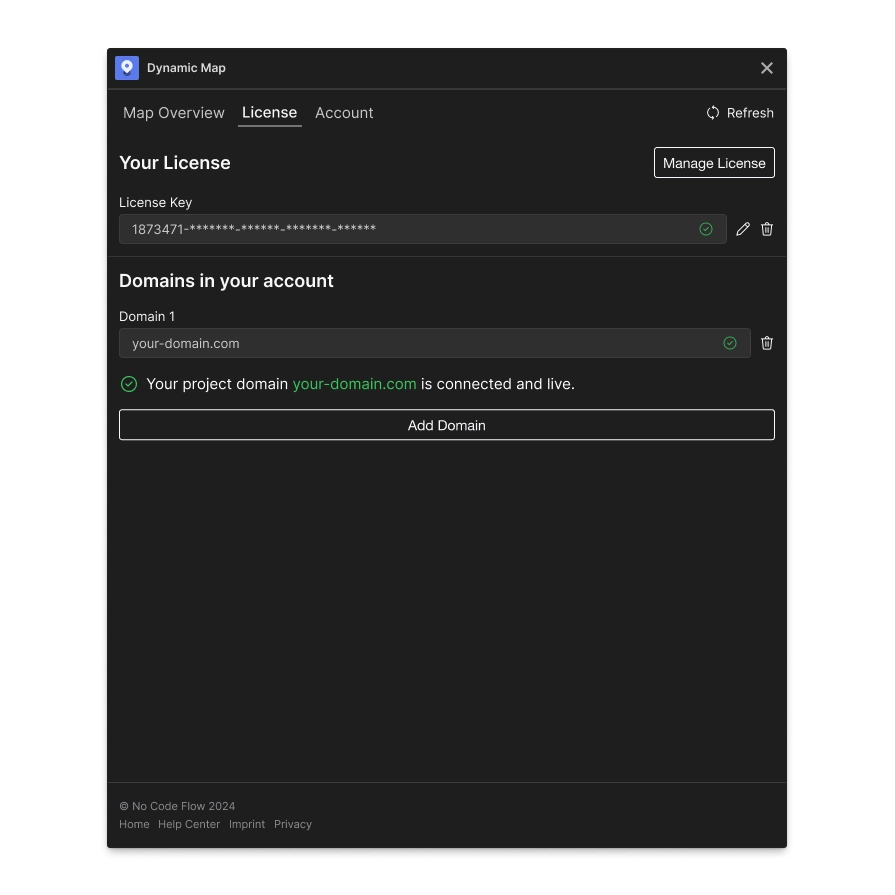 No Code Flow App license settings panel showing an unconfigured or missing license key and domain slot.