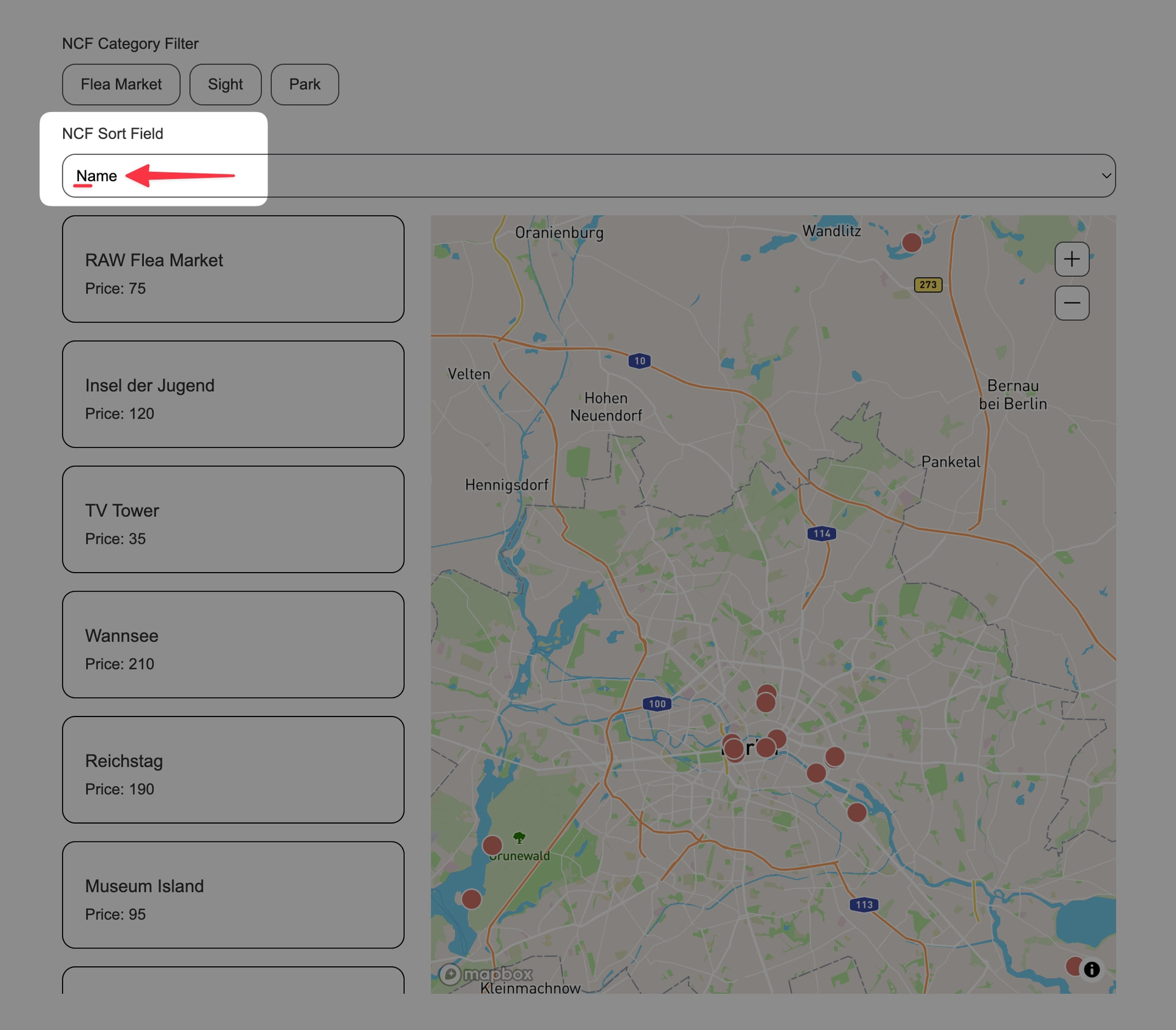 Webflow Designer showing renamed sort dropdown options with custom display text.