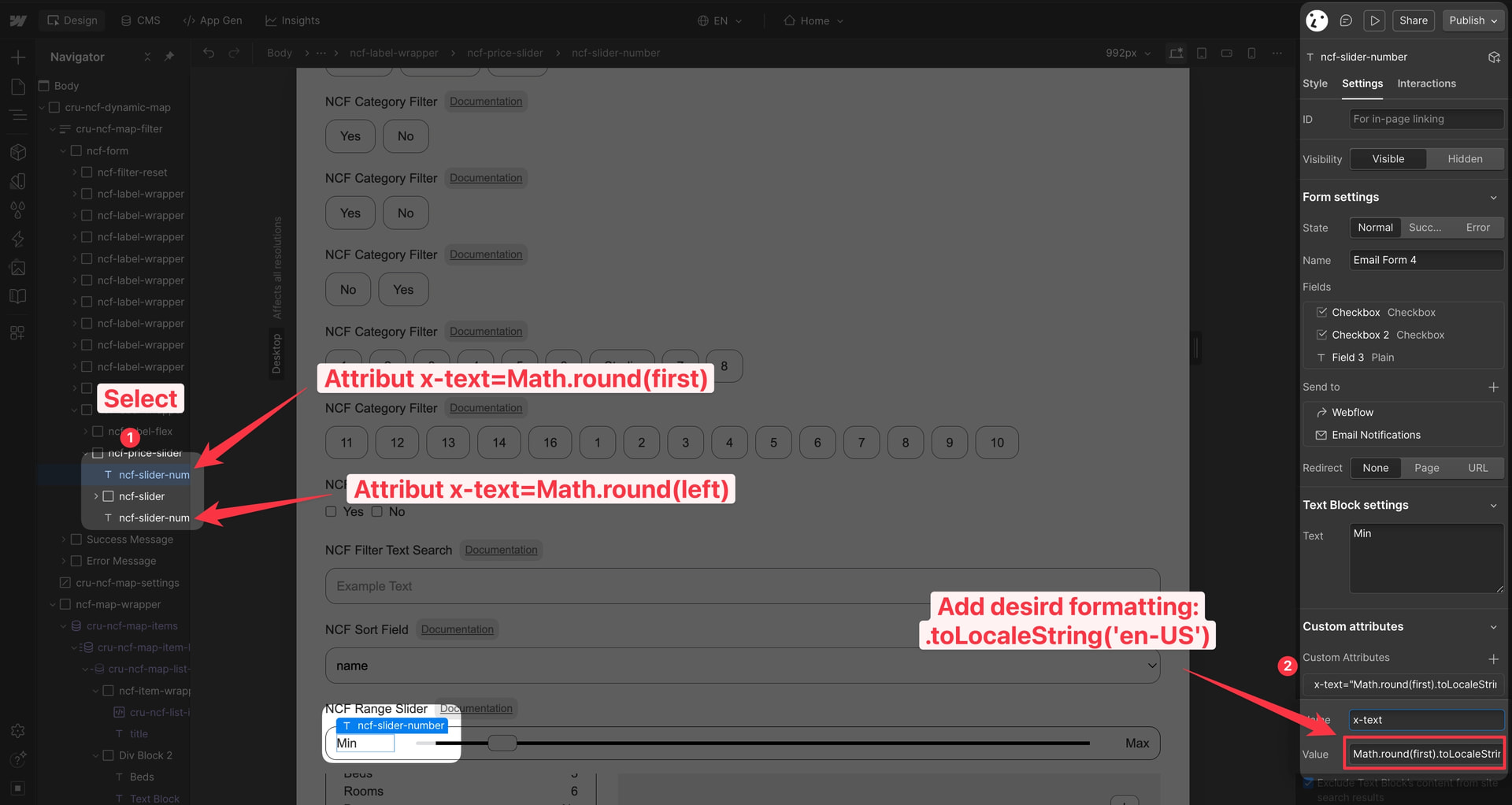 Dynamic Map range slider code embed showing where to add toLocaleString number formatting to the min and max value outputs.