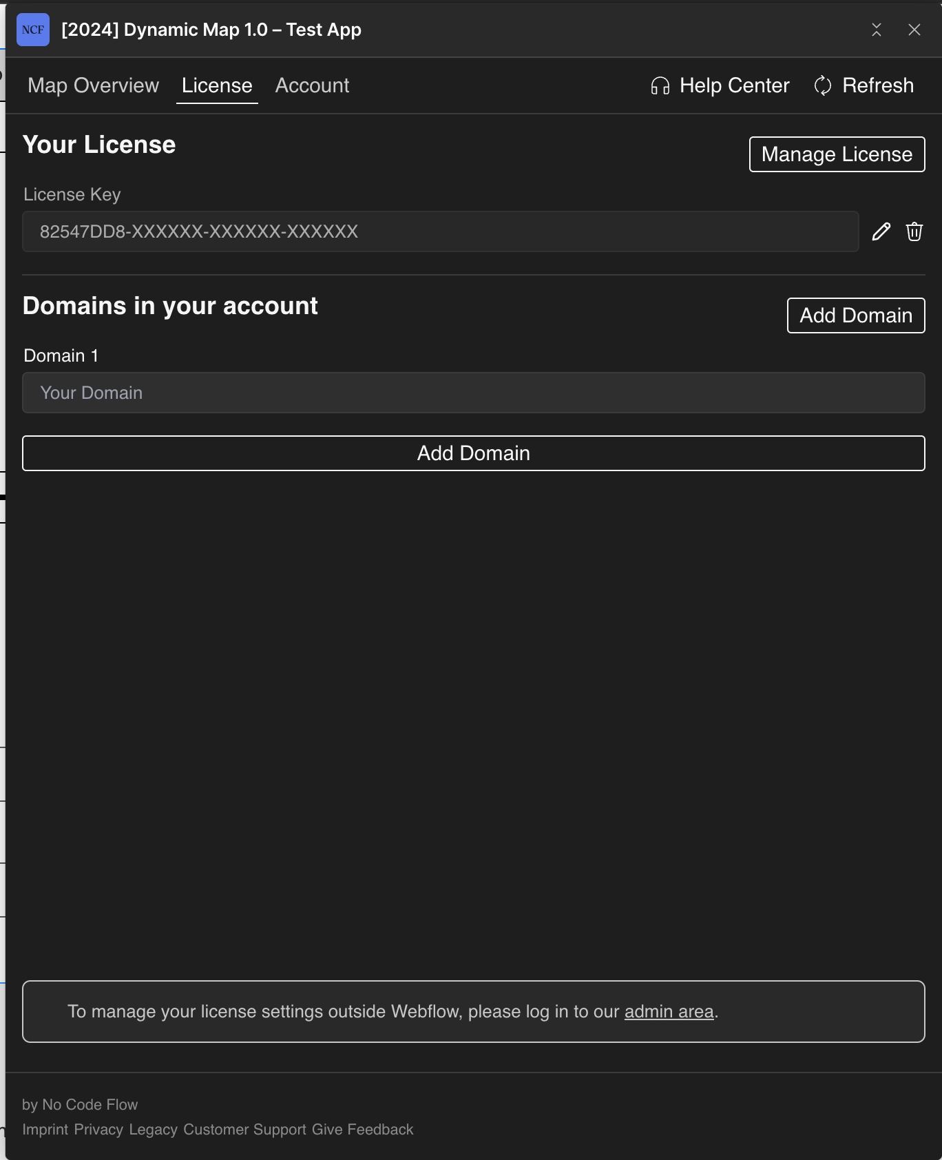 Dynamic Map App license tab with the license key field filled in.