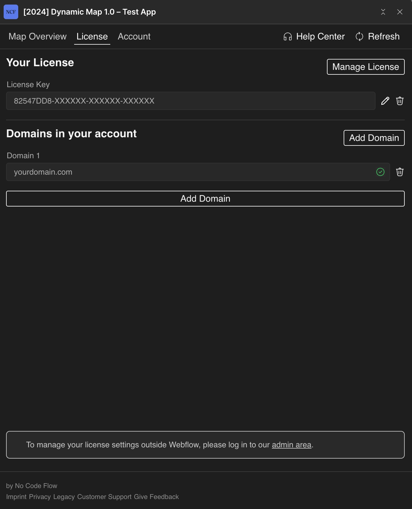 Dynamic Map App license tab with a live domain entered into the domain slot.