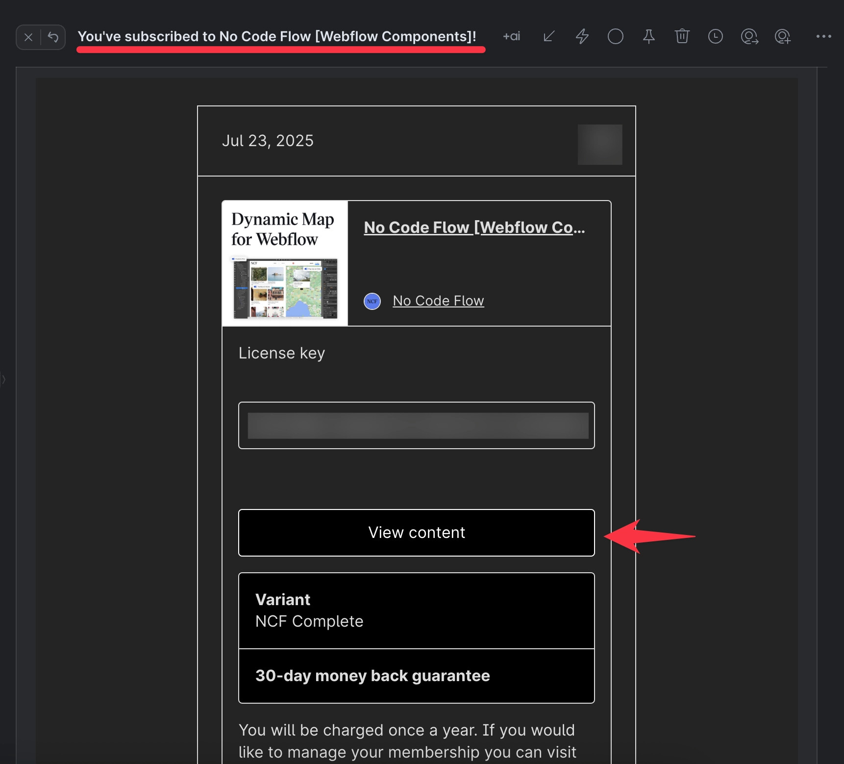Gumroad order confirmation email showing the View Content button to access the license and membership settings.