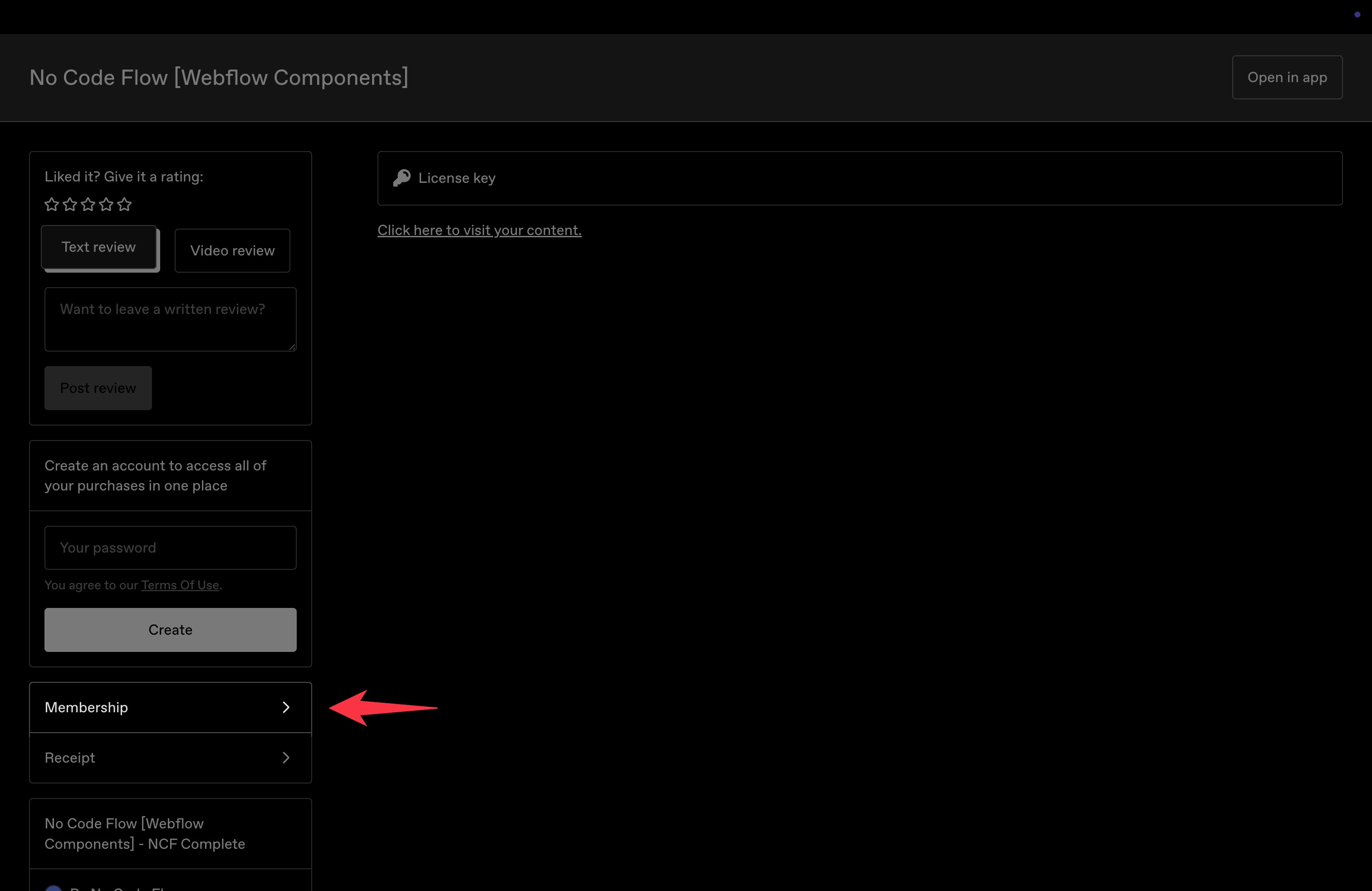Gumroad product page showing the Membership option in the bottom-left navigation.