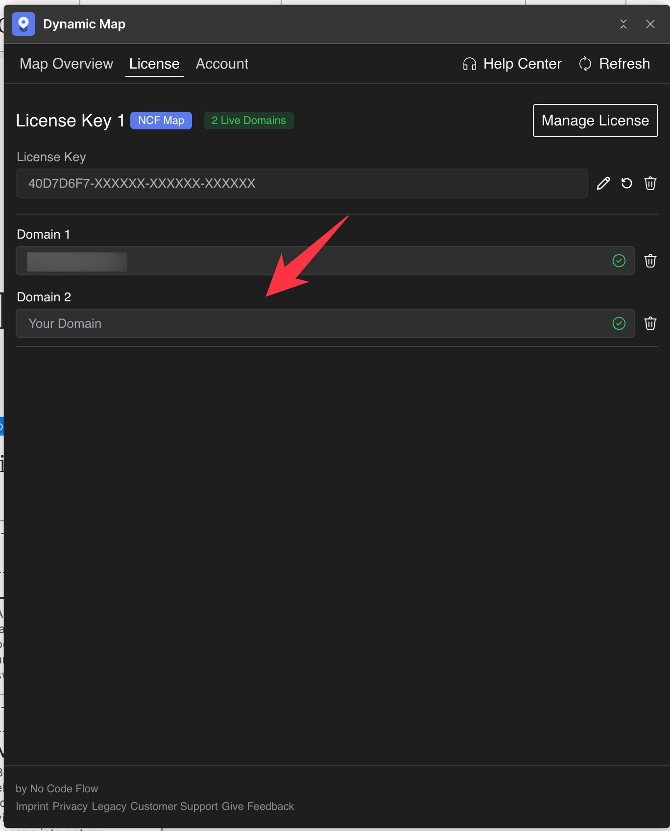 Dynamic Map App license tab showing a second license key slot added.
