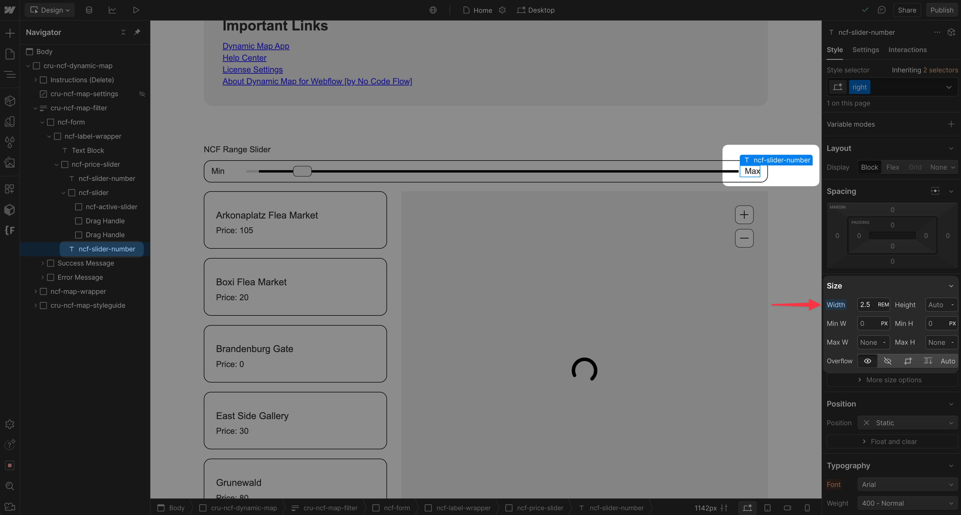 Webflow Designer showing width being applied to the range slider value display elements.