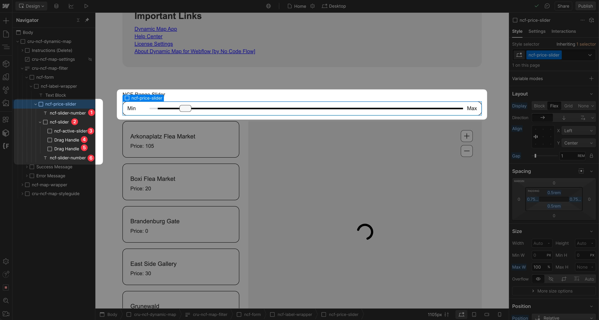 Webflow Designer showing the ncf-price-slider element inside the cru-ncf-map-filter div.