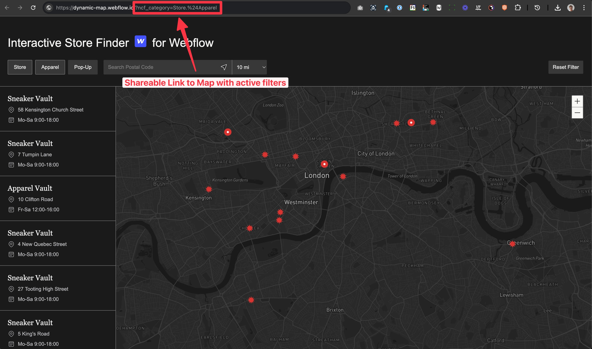 Dynamic Map showing a shareable URL with active filter parameters in the browser address bar.