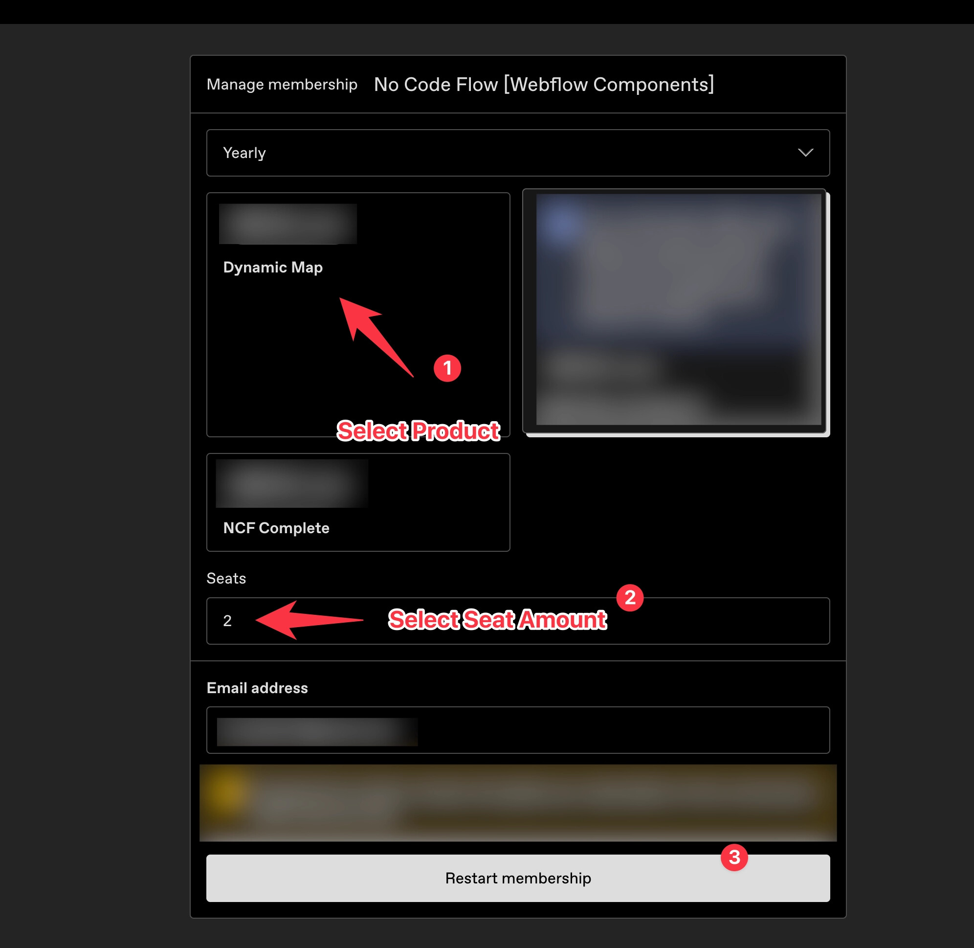 Gumroad membership settings showing license seat quantity selection.