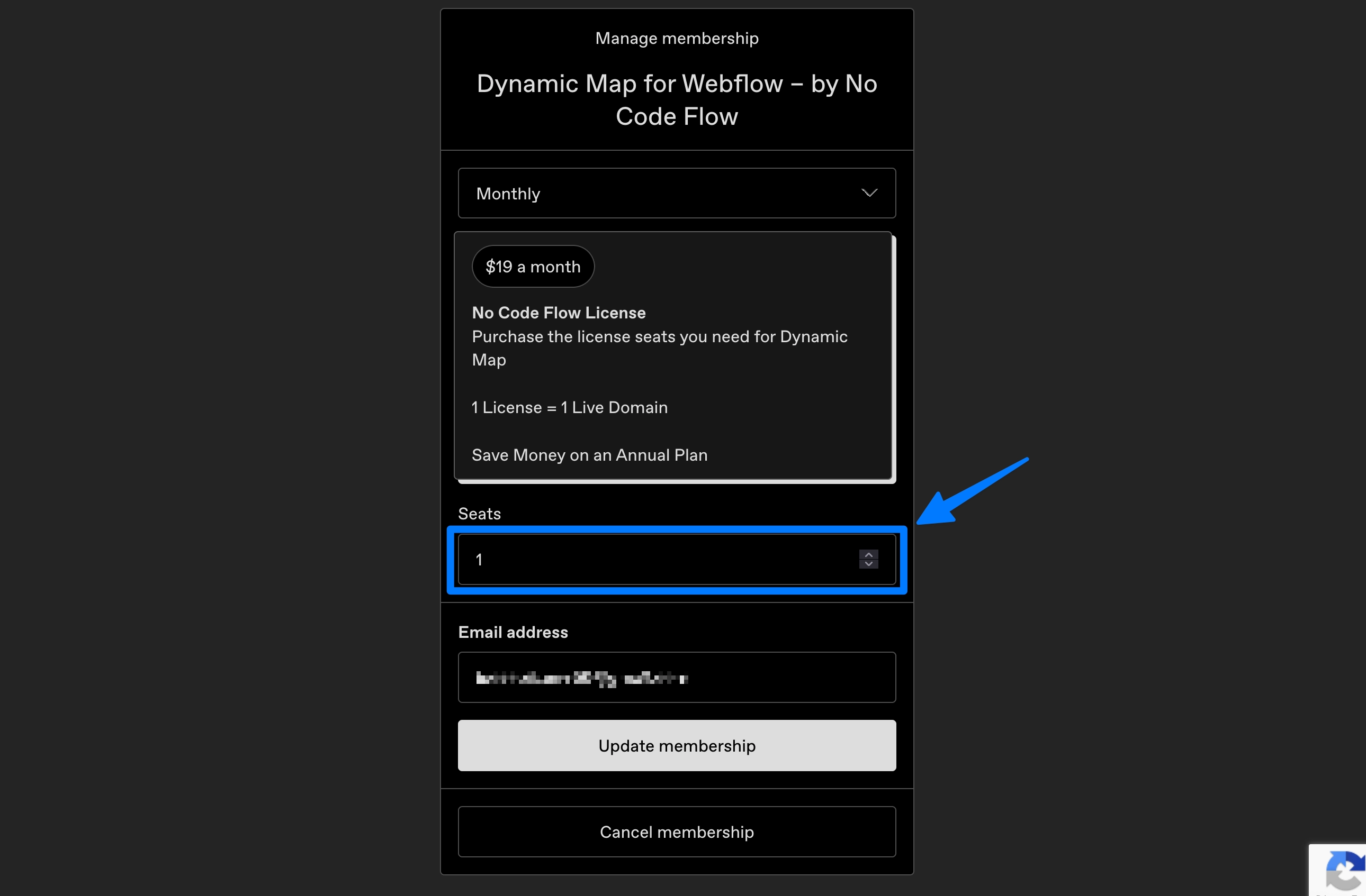 Gumroad membership page showing the seat count adjustment controls for the Dynamic Map license.