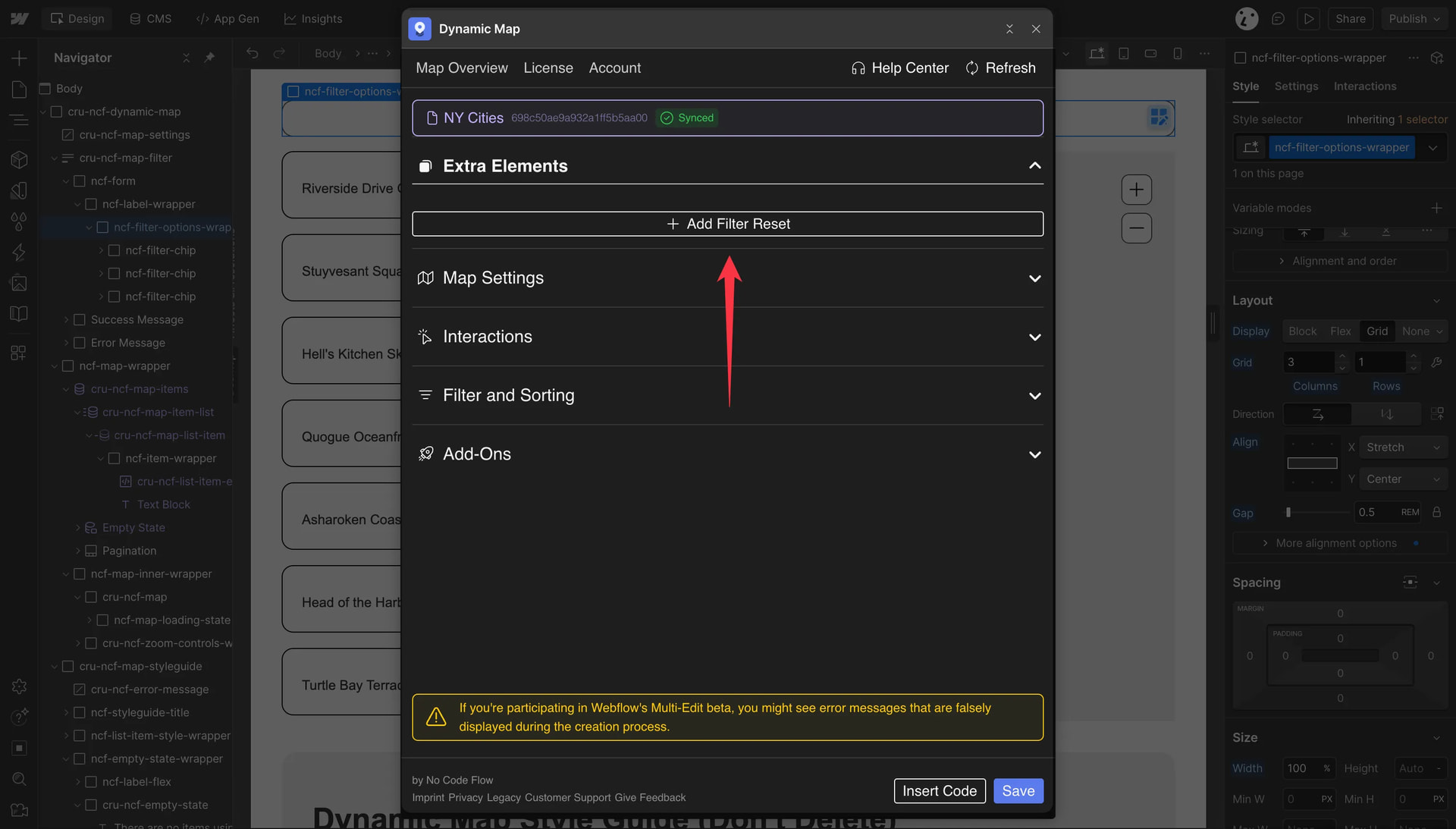 Dynamic Map App Extra Elements section showing the filter reset button available to re-add to the Webflow project.