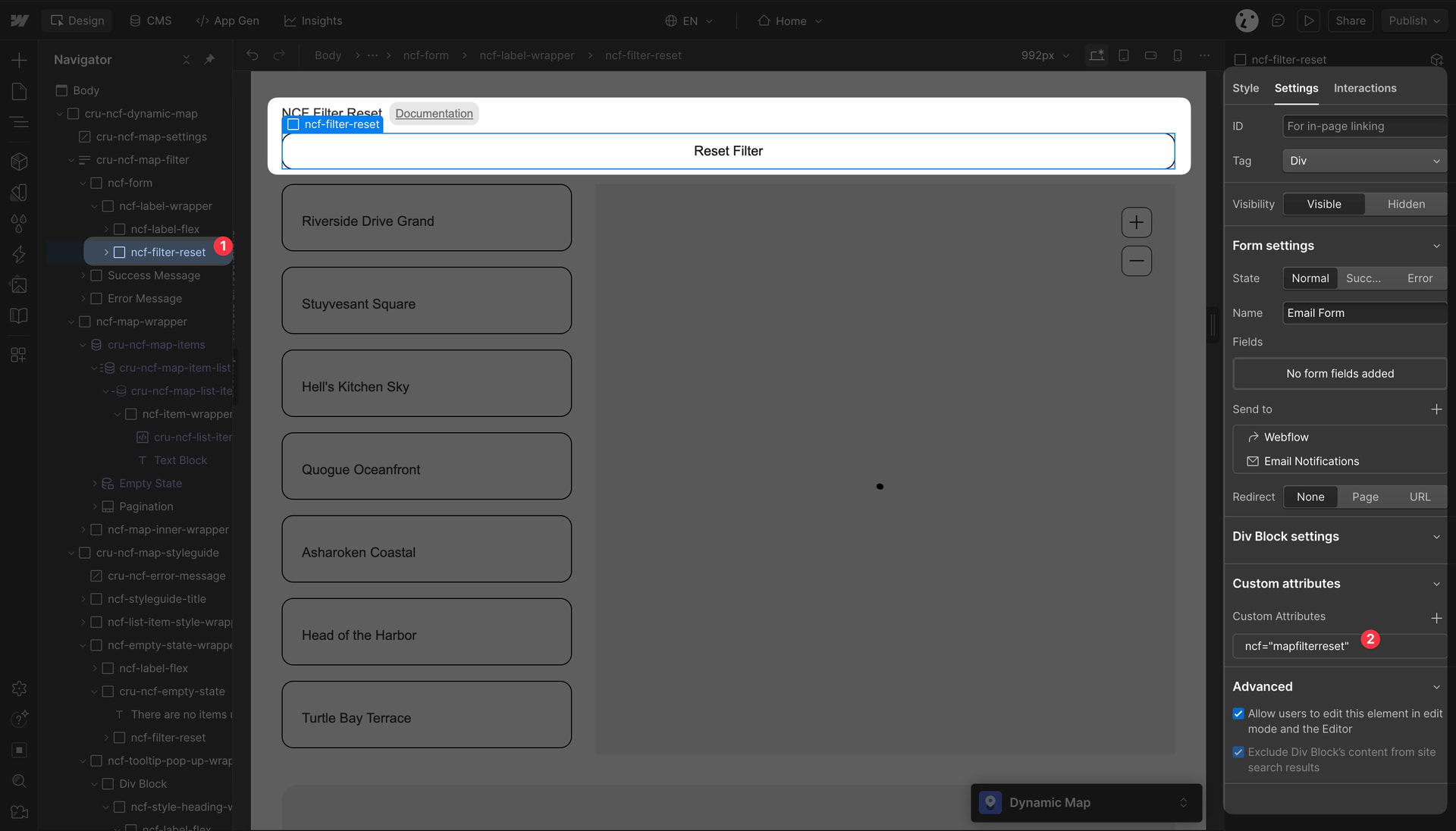 Webflow Designer showing the filter reset button element with the required ncf=mapfilterreset attribute applied.