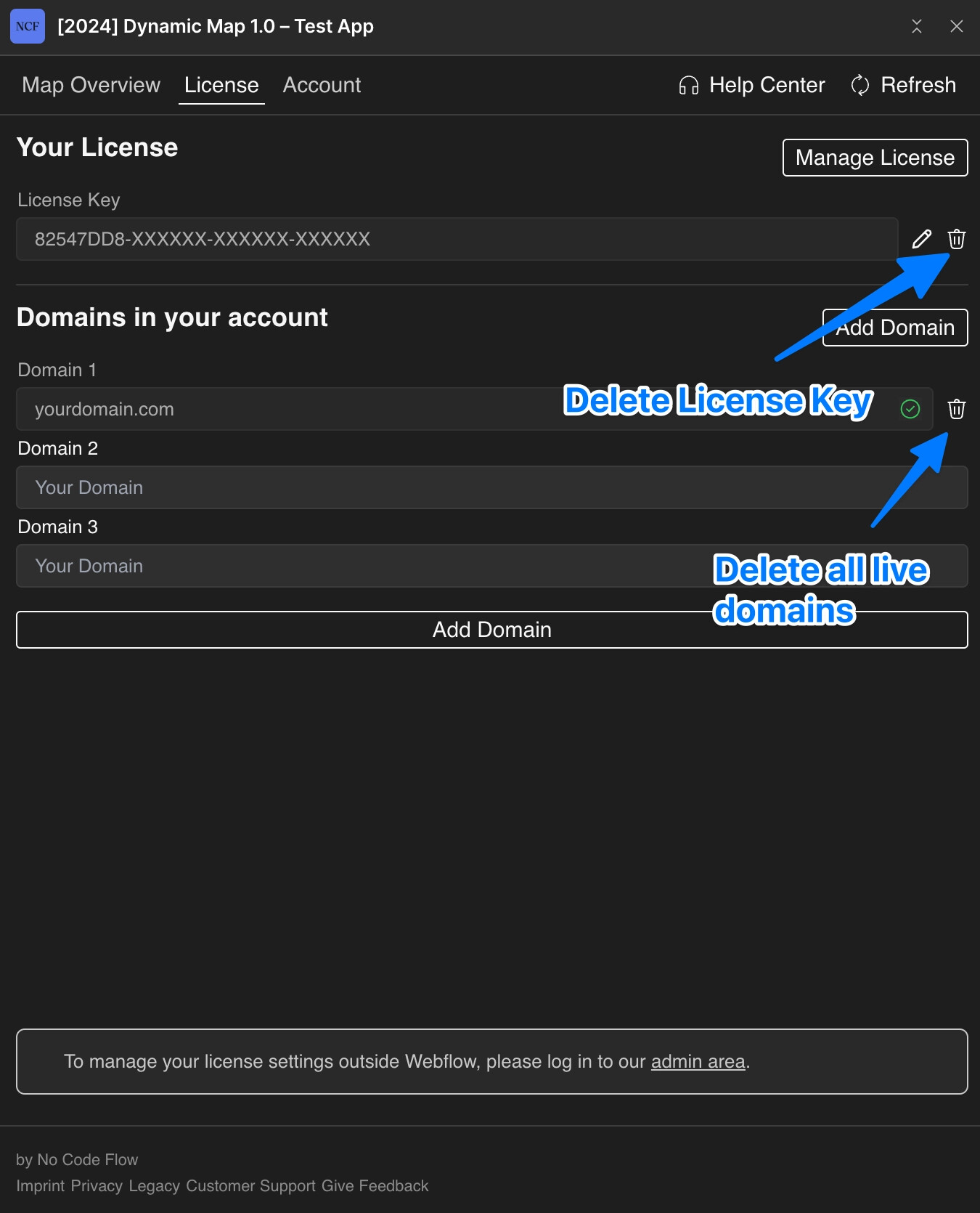 Dynamic Map App license tab on the original account with the license key and domain removed.