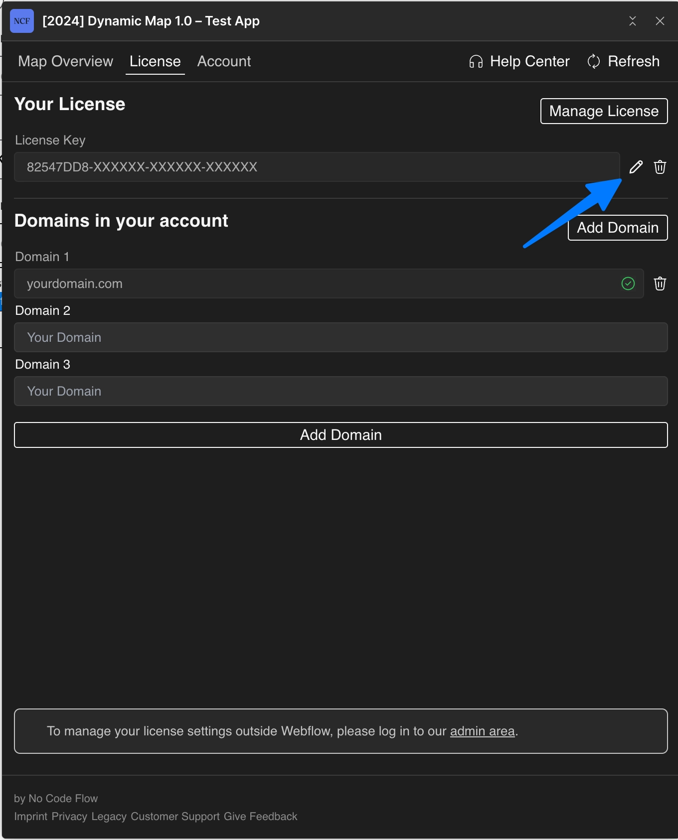 Dynamic Map App license tab showing the Edit License Key button.