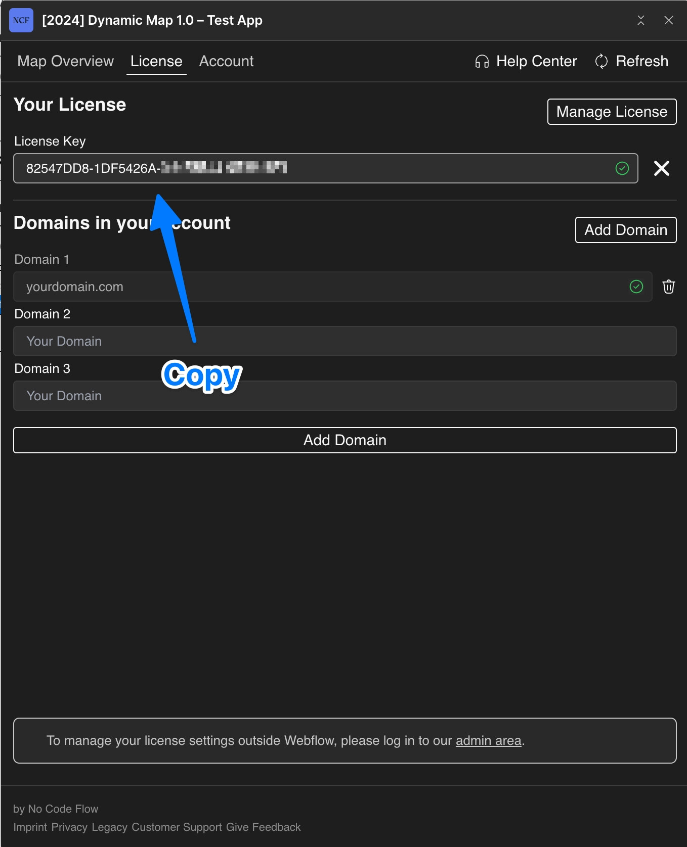 Dynamic Map App showing the license key highlighted and ready to copy.