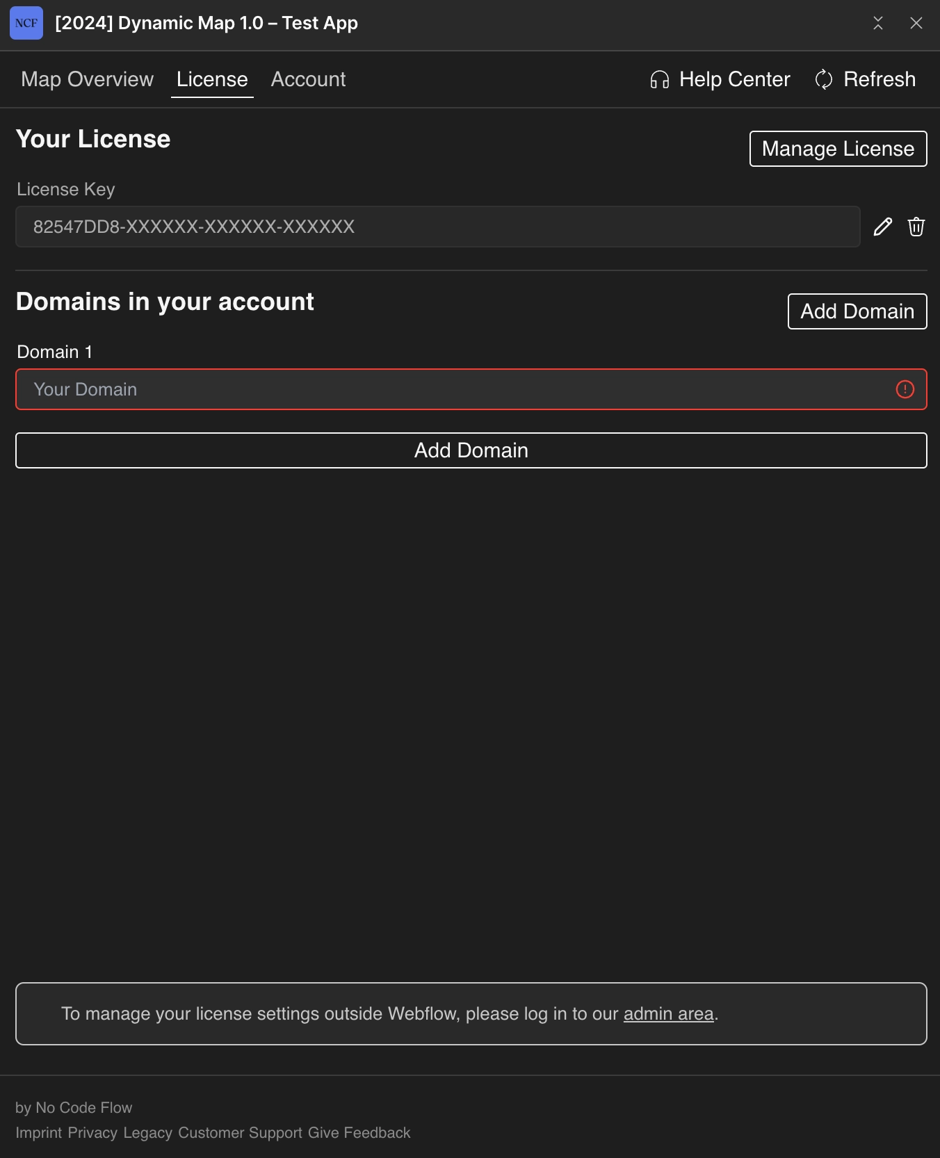 Dynamic Map App license tab showing the domain slot appearing after pressing Refresh.