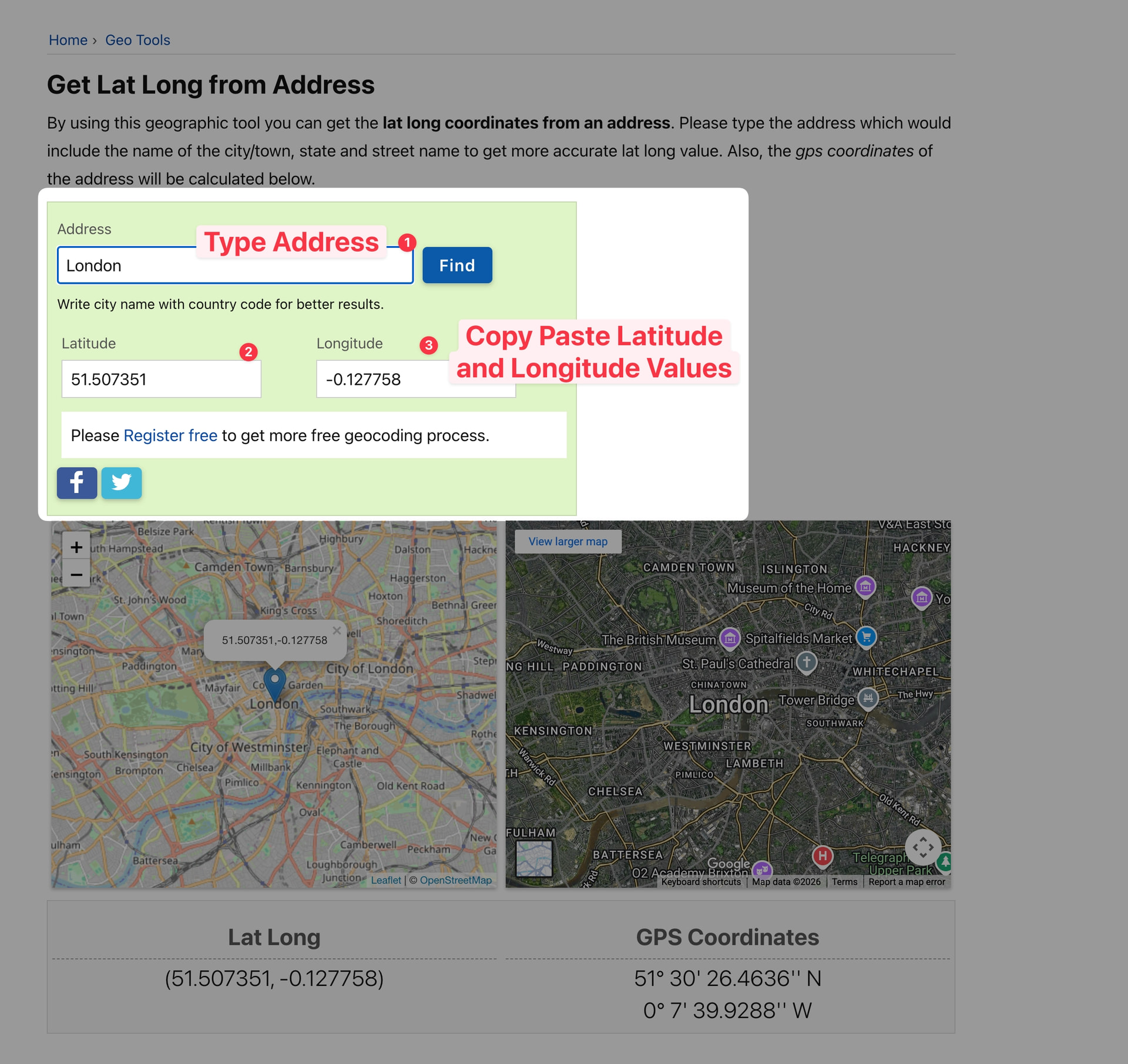 latlong.net website showing an address entered in the search field with the resulting latitude and longitude coordinates displayed on a map.