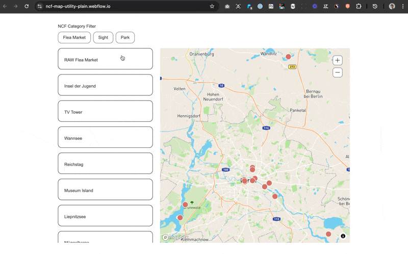 Animated GIF showing Dynamic Map URL parameters in action — filters are pre-applied when the page loads from a shared URL.