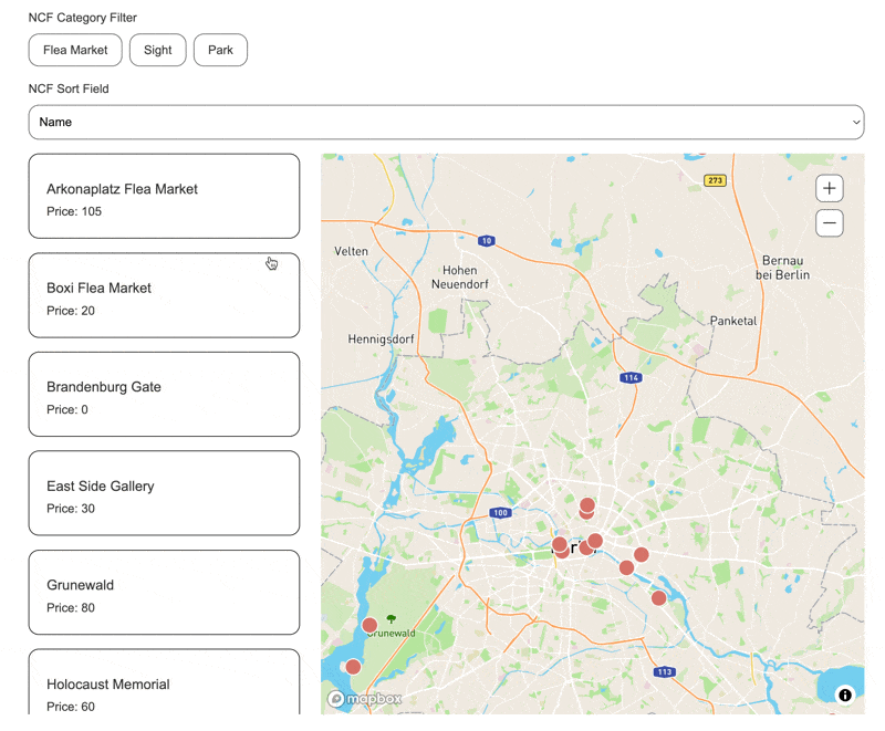Animated GIF showing Dynamic Map list sorting in action — the user selects a sort field and the item list reorders instantly.