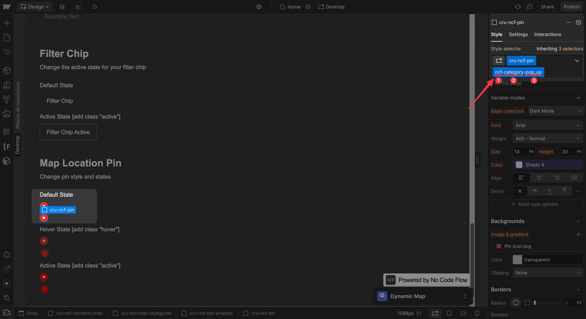 Webflow Designer showing the category pin combo class applied to the duplicated pin element.