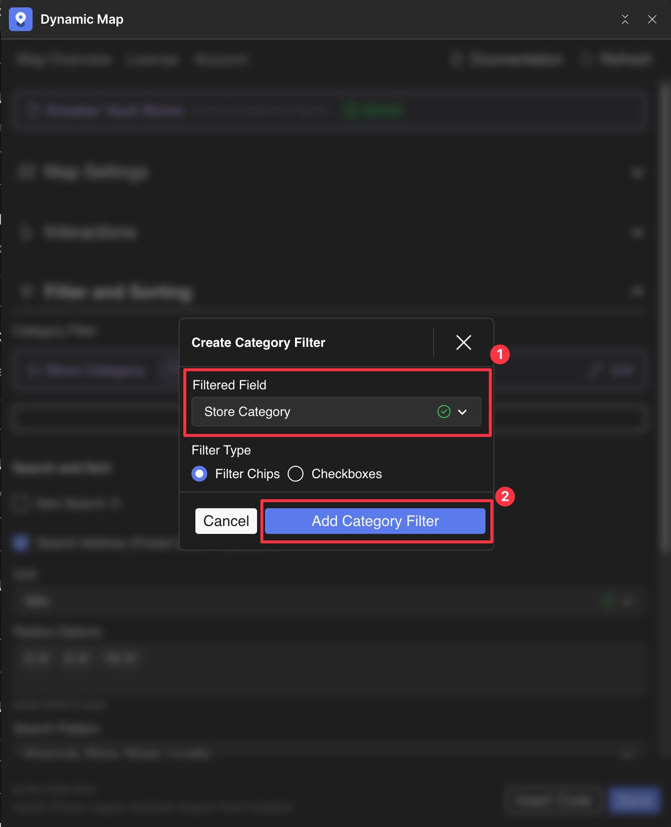 Dynamic Map App showing the category filter creation panel with an option field selected.