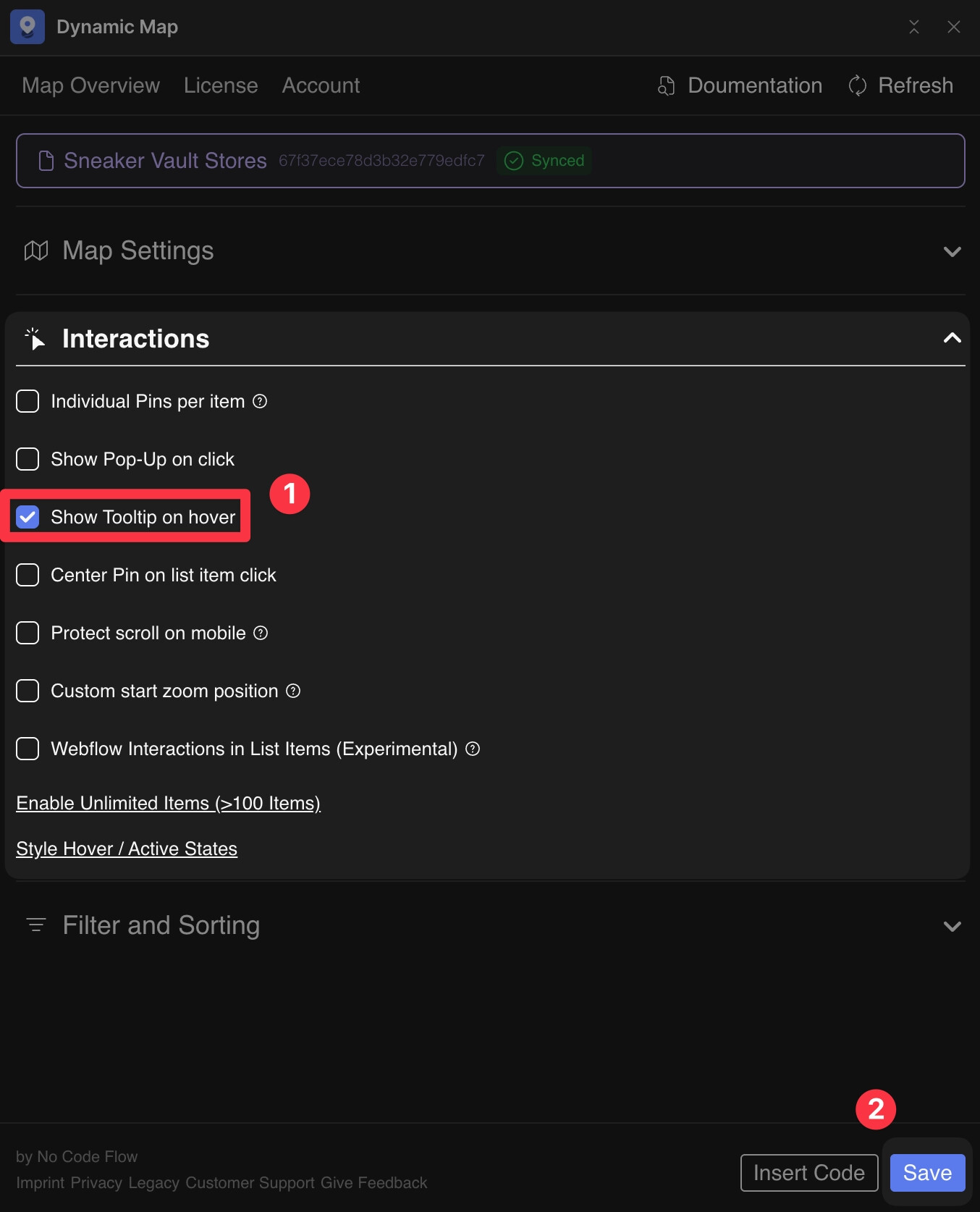 Dynamic Map showing a tooltip appearing when a user hovers over a location pin.