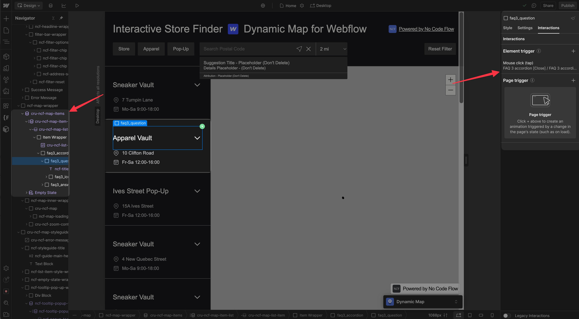 Webflow Designer showing a Webflow interaction successfully configured on a Dynamic Map list item after enabling the feature.