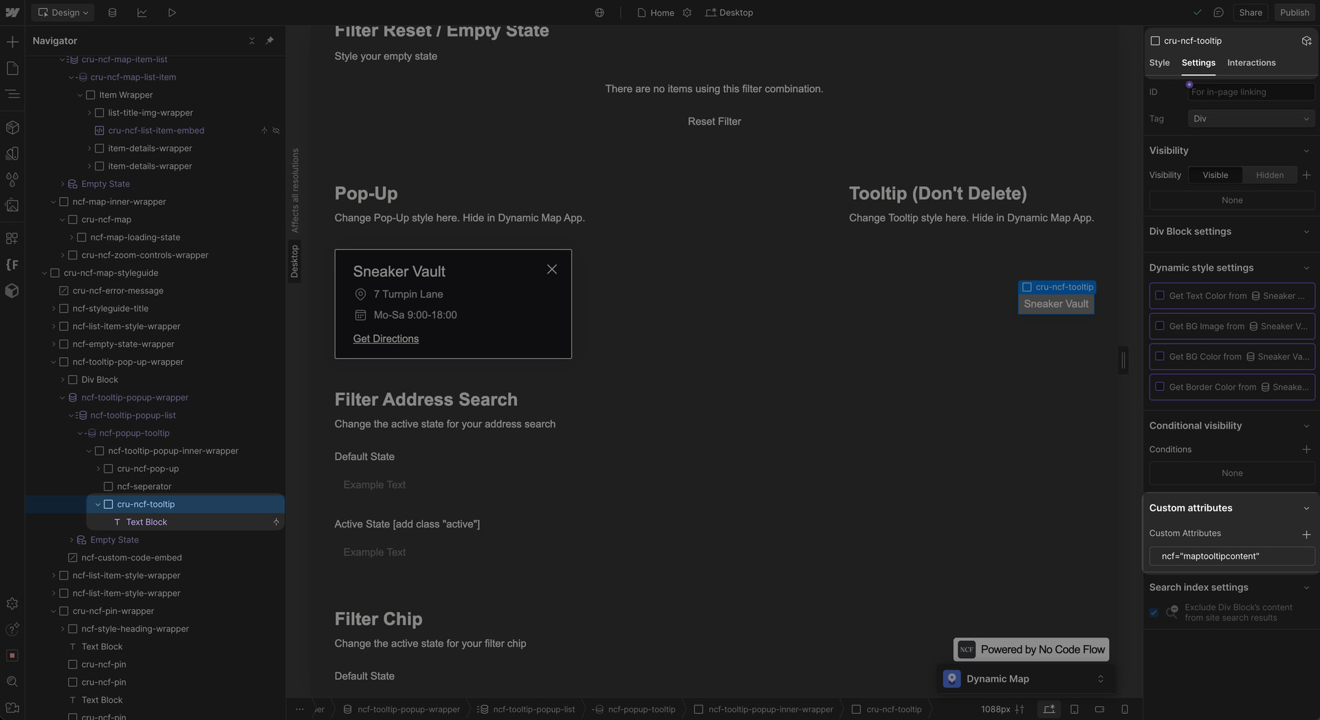 Webflow Designer showing the tooltip content div with ncf=maptooltipcontent attribute.