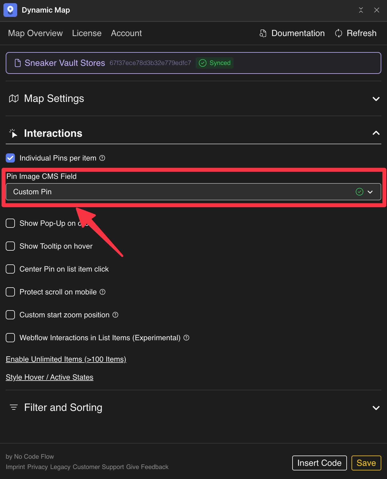 Dynamic Map App showing the Individual Pins option activated.