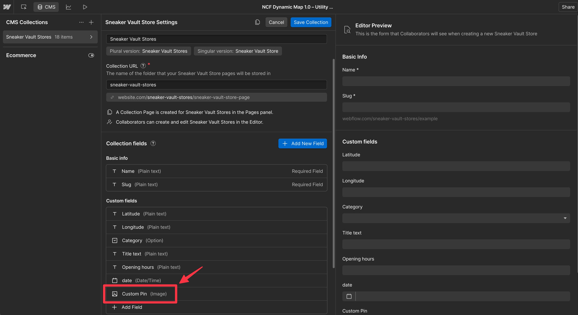 Webflow CMS collection editor showing an Image field added to store custom pin icons for individual map items.