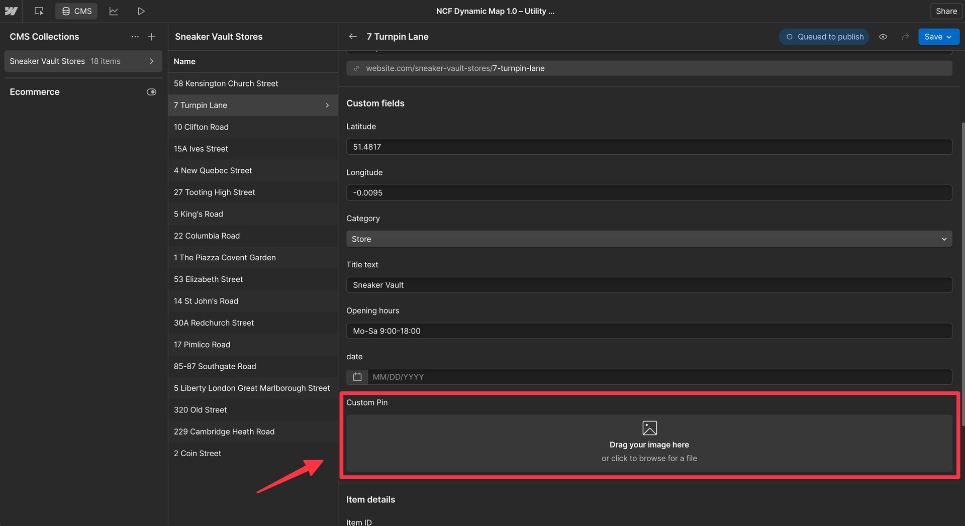 Webflow CMS editor showing a custom SVG icon uploaded to an individual collection item.