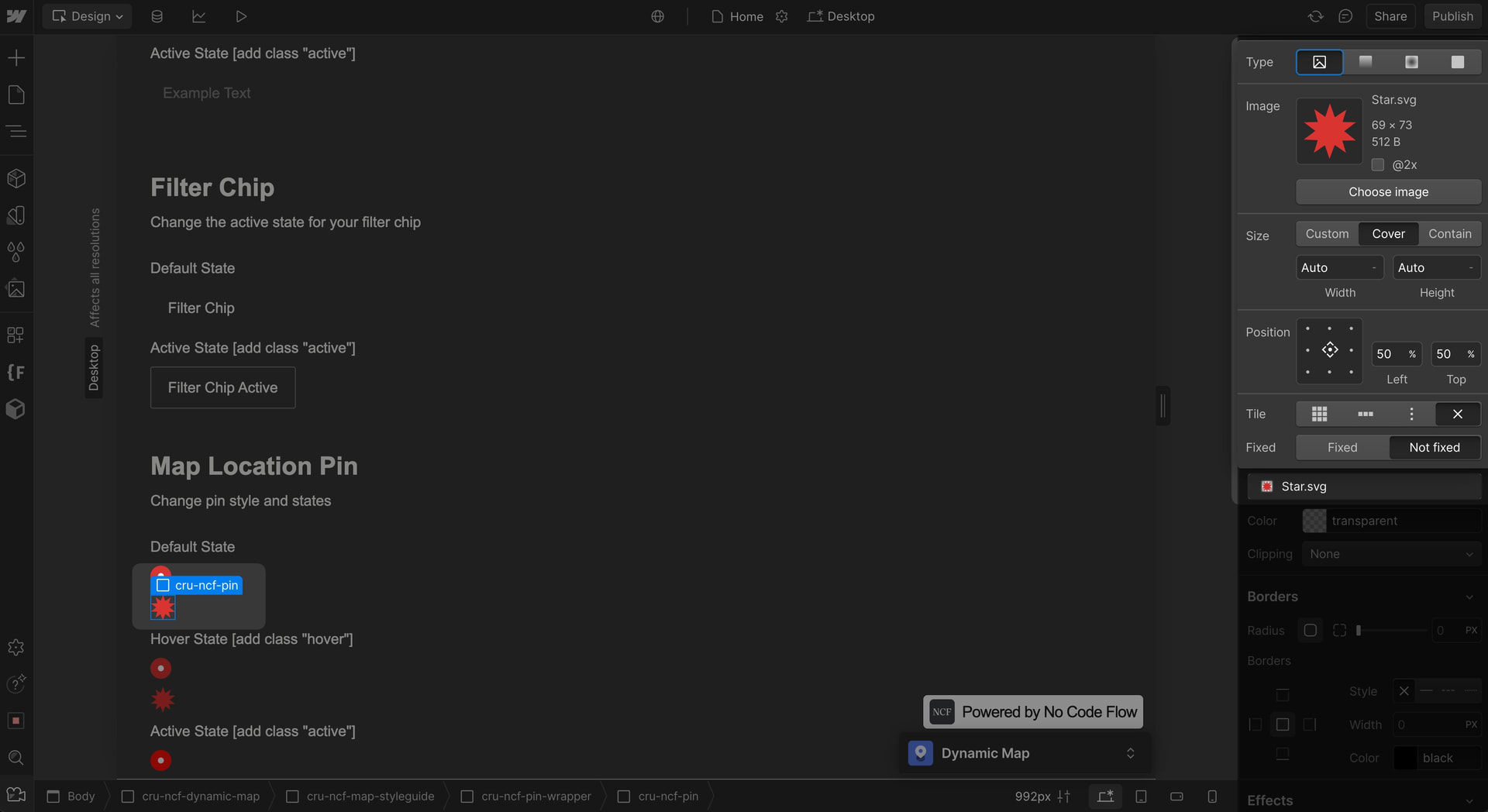 Webflow Designer showing a category pin being styled with a custom color.