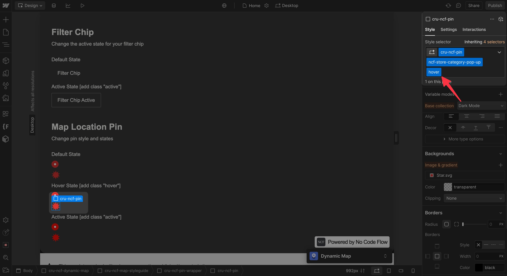 Webflow Designer showing hover and active states added to a category pin element.