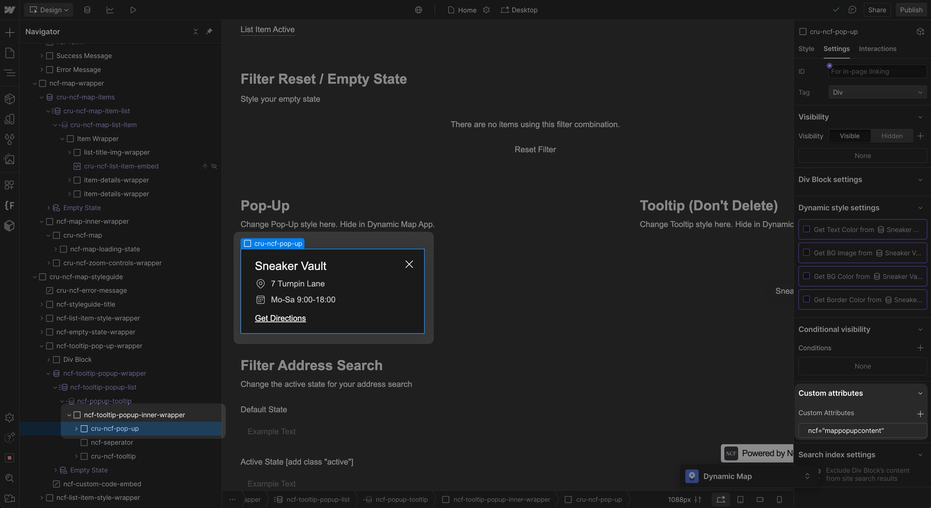 Webflow Designer showing the pop-up content div with the ncf=mappopupcontent attribute.
