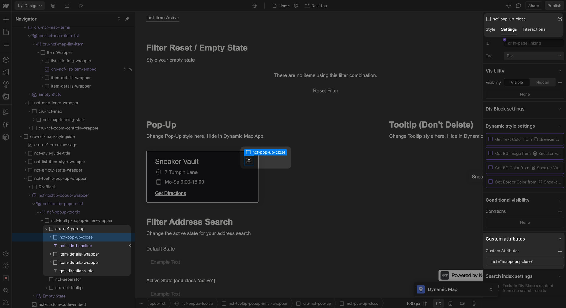 Webflow Designer showing the pop-up close button element with ncf=mappopupclose.
